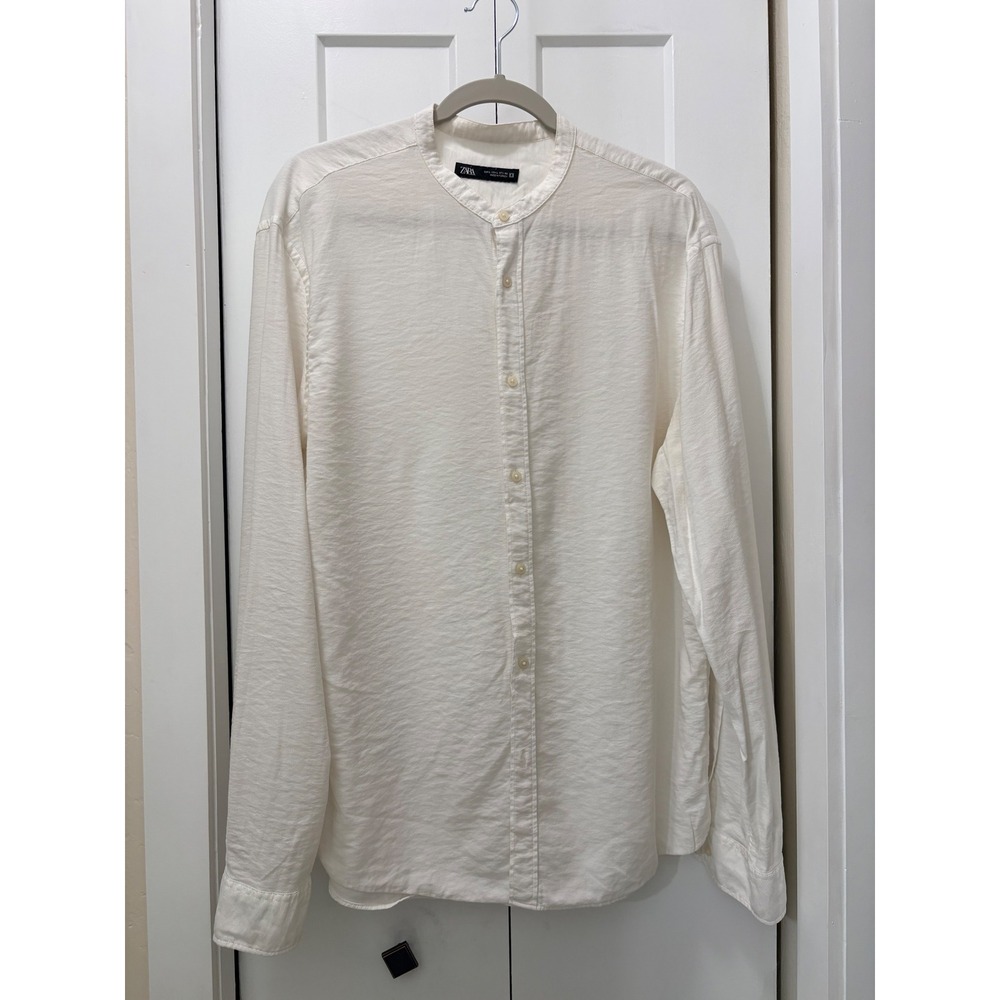 Zara woman White Band Collar Long Sleeve Textured Button Down Shirt s